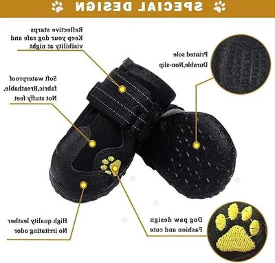 Produktbild von Unyqoos® Wasserdichte Hundeschuhe – 4er Set Schwarz, 8 x 7 cm für 60–70 lbs (mittelgroße bis große Hunde), hochwertige Stoffe, reflektierende Klettriemen, Antirutschsohle