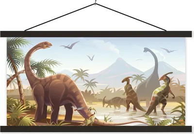 Produktbild von MuchoWow® Textilposter Dinosaurier - Landschaft - Tropisch - Kinder - Jungen 150x75 cm mit schwarzem Rahmen - Posterleiste