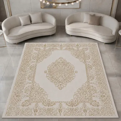 Produktbild von Teppich Creme Gold Ornament Design Wohnzimmer Größe - 240 x 340 cm