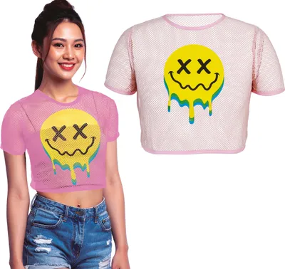 Produktbild von Karnival Netzshirt Smiley Gesicht Lustiges Grinse Gesicht Party Bekleidung Gelb Verrückt Buntes Muster Spaß Mesh Top Retro, Größe: 42 - 44 (L) Farbe: Mehrfarbig