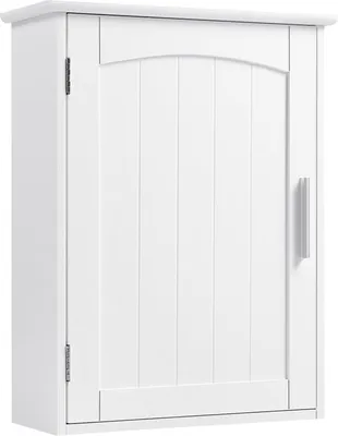 A white cabinet with a single door and a silver handle.