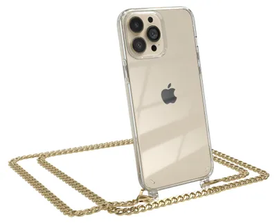 Produktbild von EAZY CASE Metall Handykette für Apple iPhone 13 Pro Max, Handyhülle mit Umhängeband, Silikonhülle, Metallkette für Smartphone in Gold