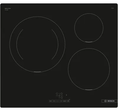 Obrázek produktu pro Vestavná varná deska BOSCH PUJ611BB5E SERIES 4, indukce, 4600 W, 3 varné zóny, dotykové ovládání, PowerBoost, QuickStart, ReStart, QuickStart, ReStart, dětský zámek, časovač, 60 cm, černá