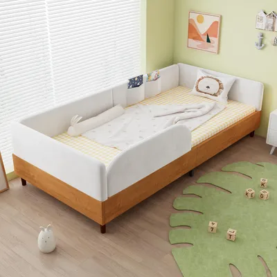 Produktbild von Flieks Kinderbett 90x200cm mit Rausfallschutz, Bodenbett Polsterbett Einzelbett mit Taschen und Lattenrost, Samt, Weiß