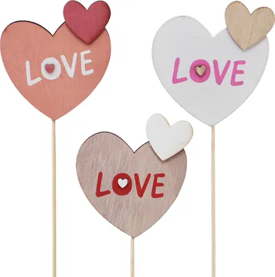 Produktbild von Holz Blumenstecker Love Herz Dekostecker 8×7,5cm Set 12 Stück für Valentinstag und Deko