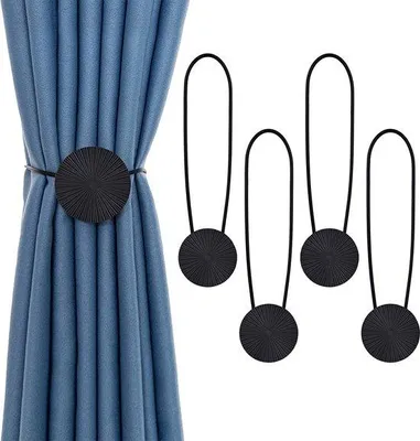 Image de Unyqoos® : Lot de 4 supports magnétiques pour rideaux – Métal avec sangle en polyester, couleur noire, longueur de la sangle 40 cm, diamètre du cercle 6 cm, supports de rideaux pour salon et bureau