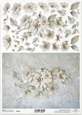 Zdjęcie produktu dla Papier ryżowy do decoupage A4 R2618 białe kwiaty 3D