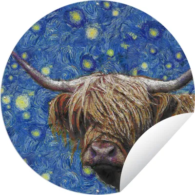 Produktbild von MuchoWow® Gartenposter Outdoor-Poster Rund Van Gogh - Sternennacht - Schottischer Highlander Ø 150 cm Gartendeko Rundes Poster draußen