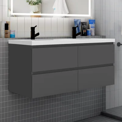 Produktbild von Badezimmermöbel 120cm CINIC-Serie Mineralguss Waschtisch mit Unterschrank Hängeschrank Badezimmerschränke mit 4 Schubladen Anthrazit