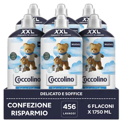 Produktbild von Coccolino Weichspülerkonzentrat, sanft und weich, hypoallergen, Größe XXL bis zu 456 Waschgänge, 6 Stück à 1750 ml
