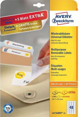 Produktbild von Avery L473625, 25 Blätter, 45,7 mm, 21 mm, Box, 1200 Stück(e)