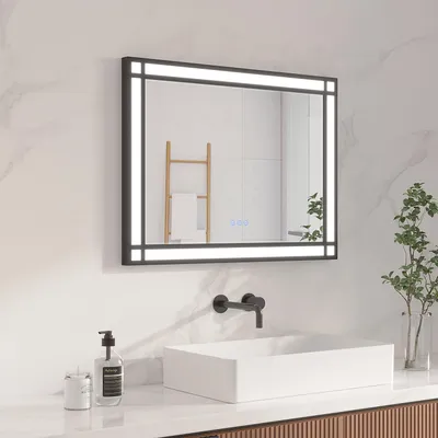 Produktbild von AQUABATOS LED Badspiegel 80 x 60 cm Badezimmerspiegel mit Beleuchtung Antibeschlag Dimmbar Industrial Style Lichtspiegel 3 Licht Farben