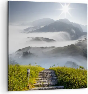Produktbild von Bild auf Leinwand - Leinwandbild - Berg Nebel Landschaft Morgen - 60x60cm - Wand Bild - Wanddeko - Leinwanddruck - Bilder - Kunstdruck - Wanddekoration - Leinwand bilder - Wandkunst - AC60x60-2478