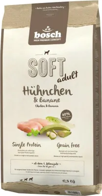 A bag of dog food with images of chicken and bananas.