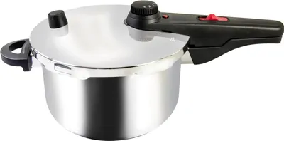A stainless steel pressure cooker with a black handle and lid accents.