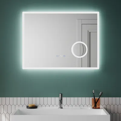 Immagine prodotto di SUNXURY Specchio da bagno a LED con lente d'ingrandimento 3 volte， Specchio da bagno con visualizzazione dell'ora e della temperatura， con interruttore a sfioramento， senza nebbia， luminosità regolabile--80x60cm