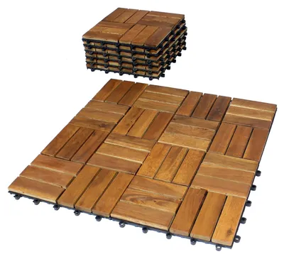 Productafbeelding van Terrastegels, set van 11 stuks, houten tegels voor balkon, 30 x 30 cm, 1 m², gemaakt van acaciahout, geschikt voor vloerbedekking, houten vloeren, kliksysteem, balkontegels, kliksysteem