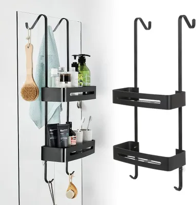 A split image showing a black metal shower caddy hanging on a glass shower door on the left, and a similar shower caddy on the right.