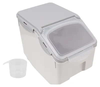 Produktbild von Reis-Aufbewahrungsbehälter mit Becher, luftdicht verschlossen, Lebensmittel-Getreide-Organizer, Kunststoff, Küchenbedarf, grau, 15 kg