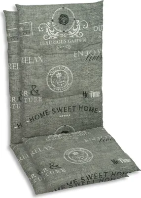 Two chair cushions stacked on top of each other, with a grey fabric and a pattern of text and decorative elements.