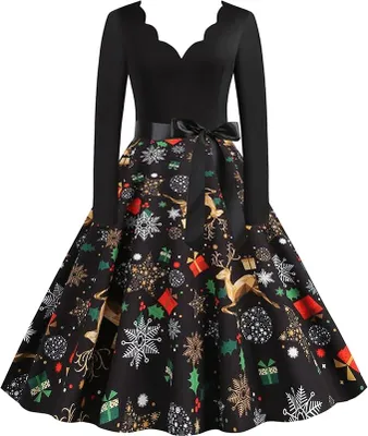 Produktbild von Weihnachtskleid Damen, Langarm Silvester Maxikleider A Linie Vintage Partykleid Weihnachtlich Bedruckt Cocktailkleid Festliche Kleider Für Frauen, A01