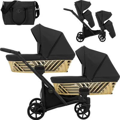 Produktbild von Kinderwagen IVENTO DUO GLAM 2 in 1 Zwillingskinderwagen Geschwisterwagen Zwillingsbuggy Doppelkinderwagen (Eco Black Pearl, Rahmen: schwarz)
