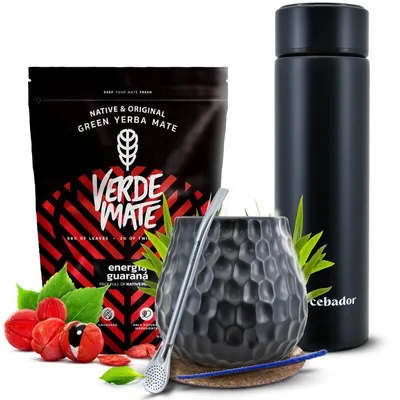 Produktbild von Verde Mate - Mate Tee Set Guarana 400g - Yerba Mate Dicke Blätter 5mm - LED Thermoskanne 480ml - Keramik Becher 400ml - Bombilla - Luftgetrocknet