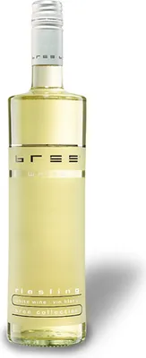 A bottle of Bree Riesling feinherb white wine against a white background.