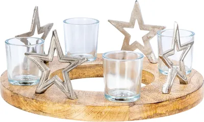 Produktbild von Adventskranz ø30cm Mango Holz Silber Natur Kerzenhalter Sterne Weihnachten Deko