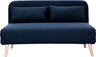 Produktbild von Miliboo - Zweisitzer-Schlafsofa aus dunkelblauem Stoff und hellem Holz AMIKO