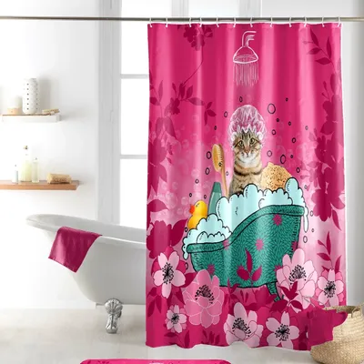 Produktbild von Textil Duschvorhang Katze Pink Türkis 180x200 mit Metallösen Bad Vorhang Badewanne Dusche