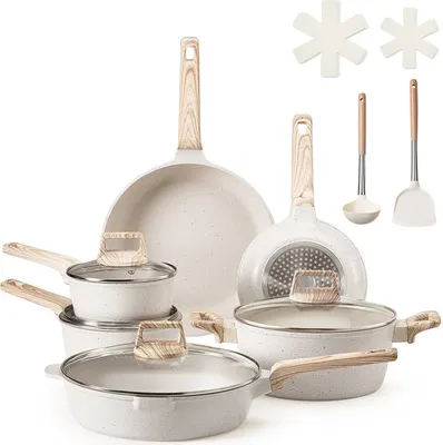 Immagine prodotto di set di pentole e padelle antiaderenti da 17 pezzi - Pentole per la cucina in bianco - Set di pentole premium per la vostra cucina