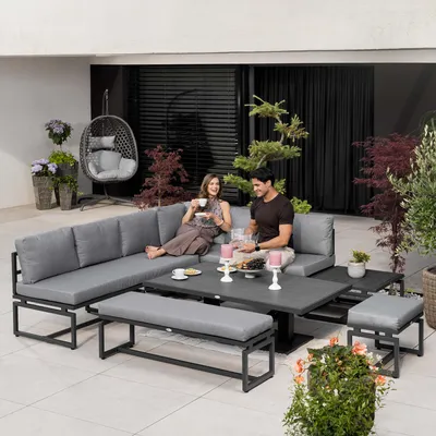 Produktbild von di volio Gartenmöbel Set MERUZO, Sitzgruppe Outdoor mit höhenverstellbarem Tisch, Gartengarnitur 6-teilig mit Sofa, Ecksofa und Bank, wetterfest, Grau