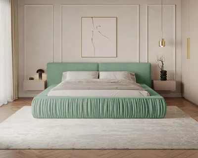 Produktbild von MOEBLO Polsterbett Bett 08 – Doppelbett mit gepolstertem Kopfteil, Bettkasten, Metallrahmen und Lattenrost - 140x200 cm - Mint (Riviera 37)