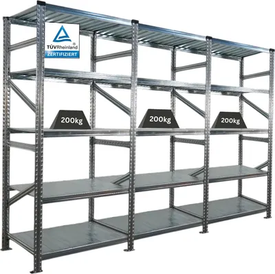 Produktbild von Fachbodenregal PROXIMO mit  Stecksystem | Komplettregal | HxBxT 200x270x70cm | 5 Ebenen | Fachlast 200 kg | Beidseitig nutzbar | Verzinkt