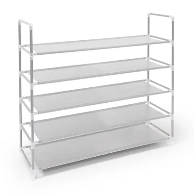 Produktbild von Relaxdays Schuhregal Stecksystem, 5 Ebenen, Schuhablage f. 20 Paar Schuhe, Metall & Stoff, HBT 90,5 x 87 x 29,5 cm, weiß