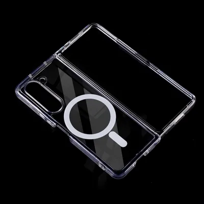 A transparent phone case with a white MagSafe ring is shown against a black background.