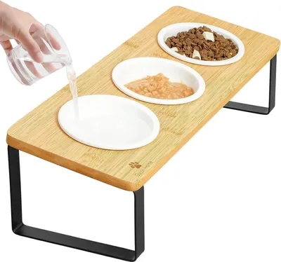 Immagine prodotto di Ciotola per gatti in legno Vetroceramica rialzata set di 3 Ø12cm ergonomica