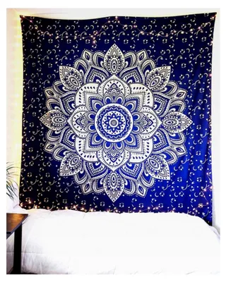 Produktbild von Indischer Wandteppich Mandala in Blau und Gold, Boho Wanddekoration, Ästhetische Raumgestaltung, Wandtuch Mandala, Wandbehang Psychedelisch 208x232 cm