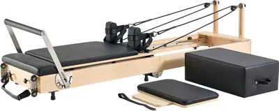 Produktbild von VEVOR faltbarer Pilates Reformer Trainingsgerät aus Holz für den Einsatz im Heim-Fitnessstudio, Pilates-Bett mit doppeltem Widerstand – Feder & Kordel, Ausrüstung mit Sitzbox, bis zu 181,44 kg