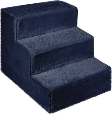 Obrázek produktu pro Psí schody pro malé psy 30 cm vysoké tmavě modré - žebřík 3 stupně, polstrovaný huňatou látkou imitující srst, přenosný - plošina pro Sof
