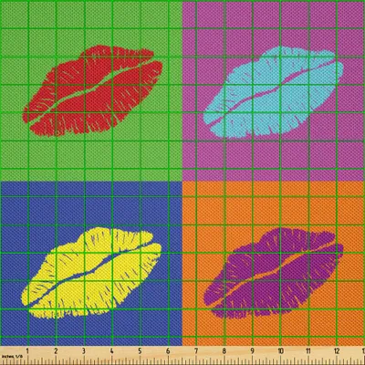 Produktbild von ABAKUHAUS Kuss Satin Stoff als Meterware, "Pop Art Style Lippenstift Küsse auf lebendige farbige Quadrate 60er Jahre Stil verführerisch romantisch", 10 M (148 x 1000 cm), Mehrfarbig