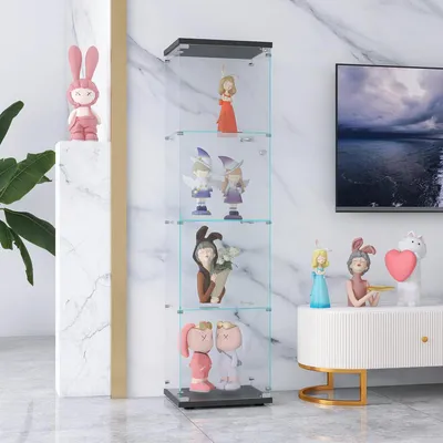 Image de Vitrine en verre avec 4 étagères, verrouillable, de couleur noire, dimensions : 36,5 x 42,5 x 164 cm