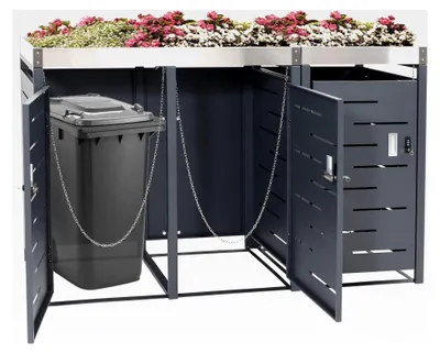 Produktbild von 3er-Mülltonnenverkleidung HWC-H40b, Mülltonnenbox, Pflanzkasten Edelstahl-Metall-Kombi 63kg 110x175x62cm erweiterbar