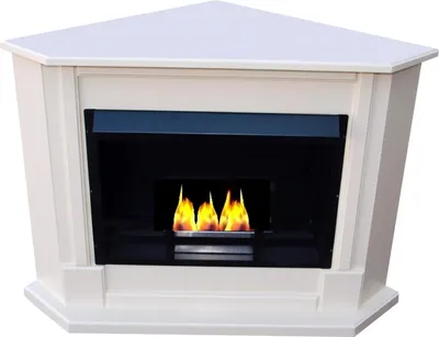 A white corner fireplace with a black insert and visible flames.