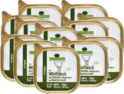 Produktbild von 12x200 g - Schecker Nassfutter - Hundemenü - Wildfeisch mit Gemüse und Waldbeeren