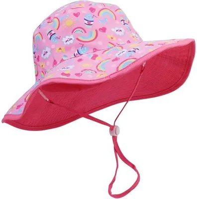 Immagine prodotto di Cappello estivo Unyqoos® per bambini piccoli – tesa larga, colore rosa con motivo arcobaleno, cotone, fascia sottogola regolabile, taglie 50/52/54 cm