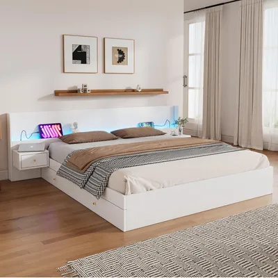 Image de Lit double - 180 x 200 cm, blanc, en MDF, avec ports USB et USB-C, éclairage LED, avec espace de rangement, cadre de lit double pour chambre