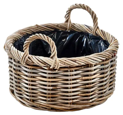 Produktbild von Pflanzkorb rund - Ø 40 cm - grau – geflochtener Rattan Übertopf mit Folie & Griffen, Stabiler Blumen- & Pflanzenkorb für Indoor & geschützten Outdoorbereich wie Balkon & Terrasse