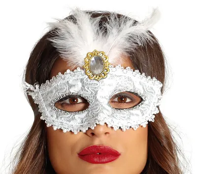 Image de Carnaval Venise Masque Élégant Blanc Bijoux Brillants Plumes, Couleur : Blanc